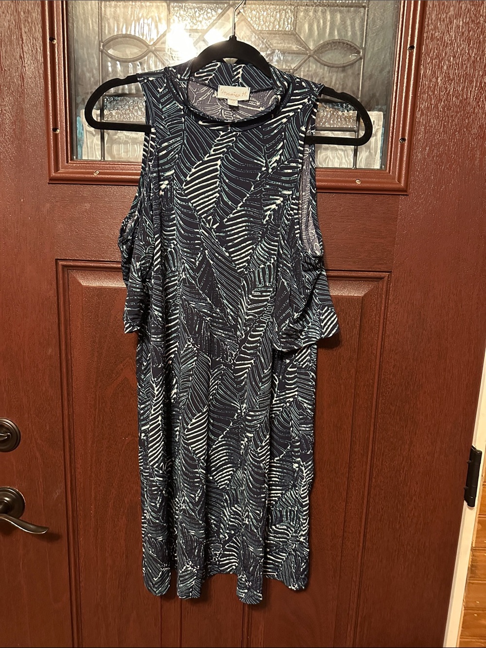 Off the shoulder Leaf Print Dress - Navy/White